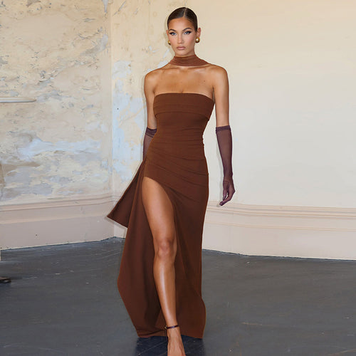 Damen Elegantes Trägerkleid mit seitlicher Drapierung und hochgeschlossenem Ausschnitt Drune