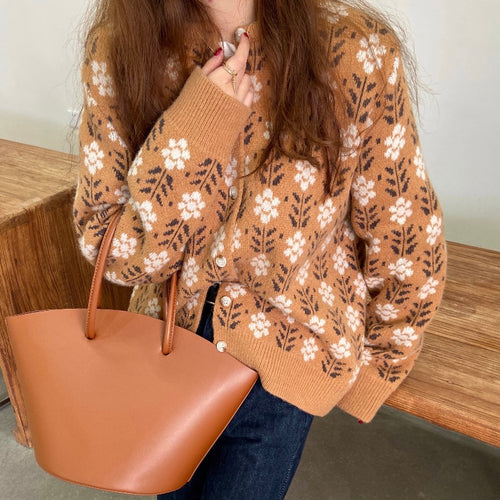 Damen gemütliche Strickjacke mit floralen Mustern und hochwertigen Knöpfen Drune
