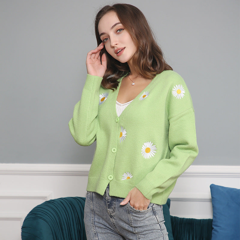 Damen Strickjacke mit floralem Muster und V-Ausschnitt Drune