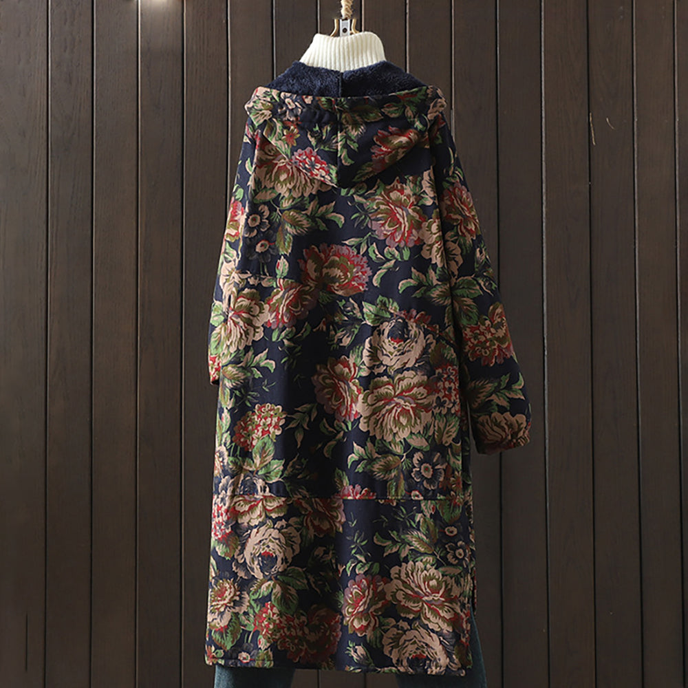 Drune | Langer Mantel im Vintage-Stil mit Blumendruck
