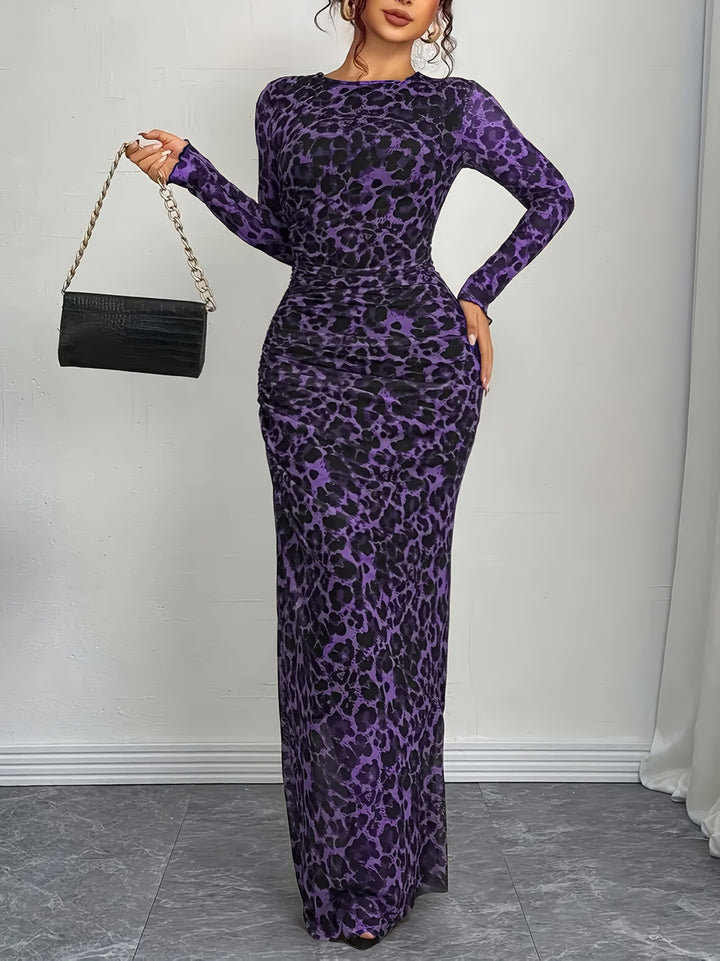 Damen nan figurbetontes Maxikleid mit Animal-Print geraffter Taille und langen Ärmeln Drune