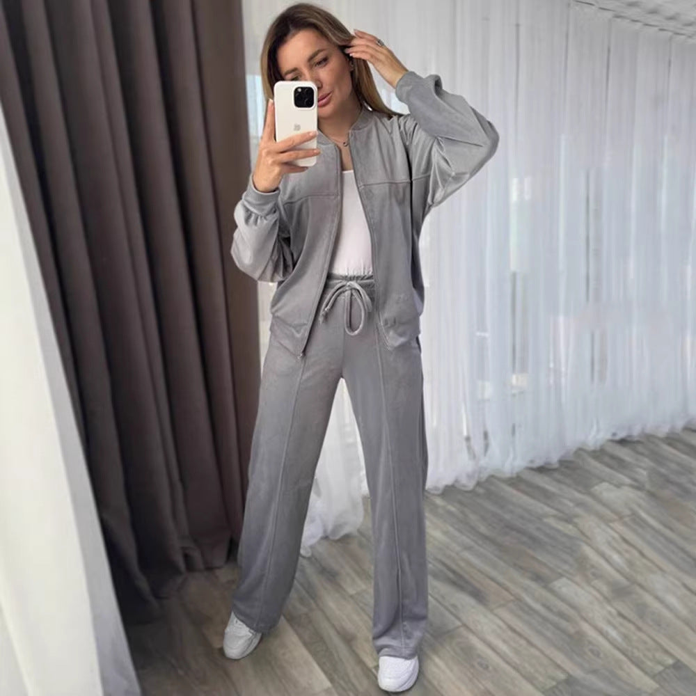 Damen Sportlicher Velours-Jogginganzug mit hohem Kragen und praktischen Taschen Drune