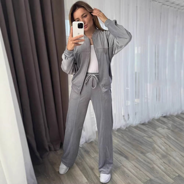 Damen Sportlicher Velours-Jogginganzug mit hohem Kragen und praktischen Taschen Drune