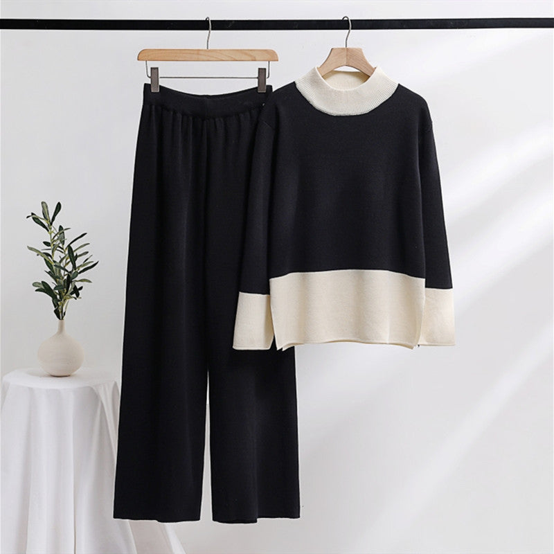 Damen elegantes Strick-Loungewear-Set mit weitem Bund und dekorativem Kragen Drune