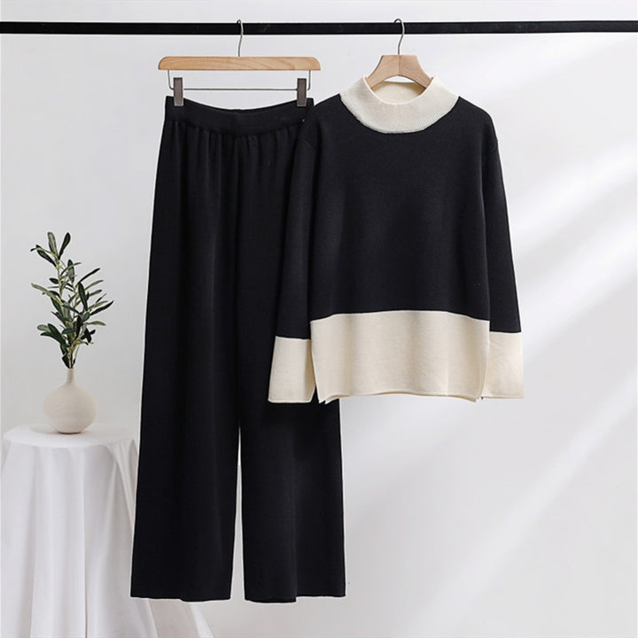 Damen elegantes Strick-Loungewear-Set mit weitem Bund und dekorativem Kragen Drune