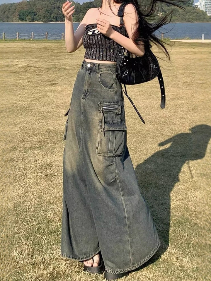 Damen Langer Denim-Rock mit hochgezoggtem Bund und praktischen Taschen Drune