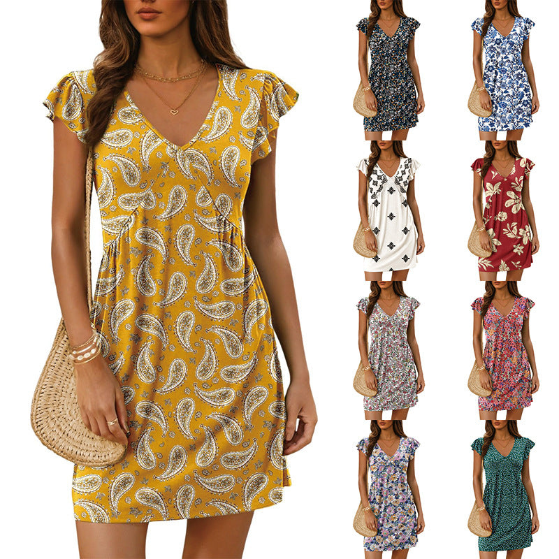 Damen luftiges sommerliches Kleid mit floralem Muster und V-Ausschnitt Drune