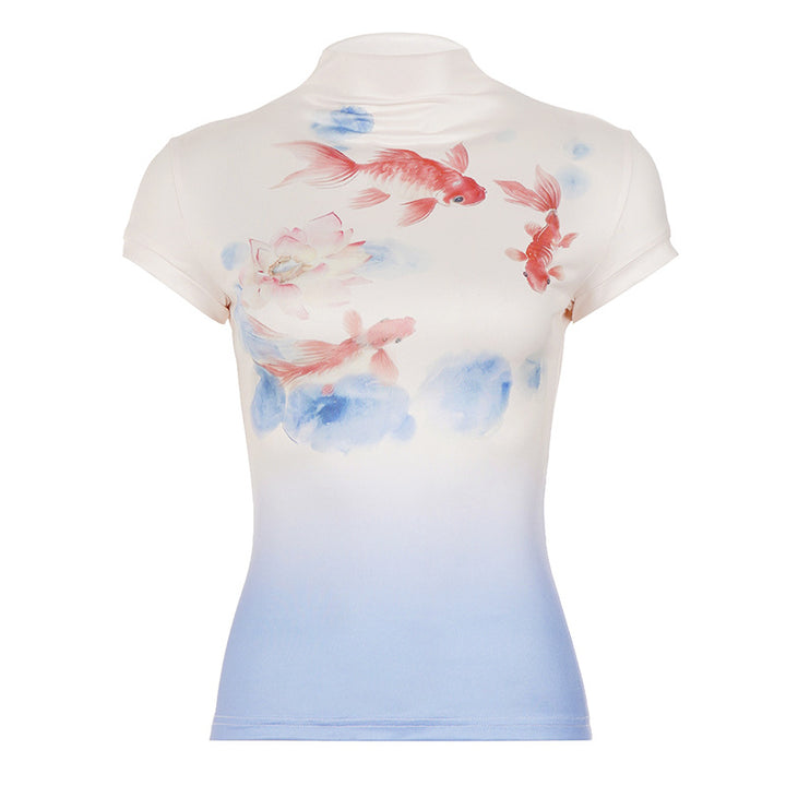 Damen figurbetontes Kurzarmshirt mit floralem Design und Stehkragen Drune