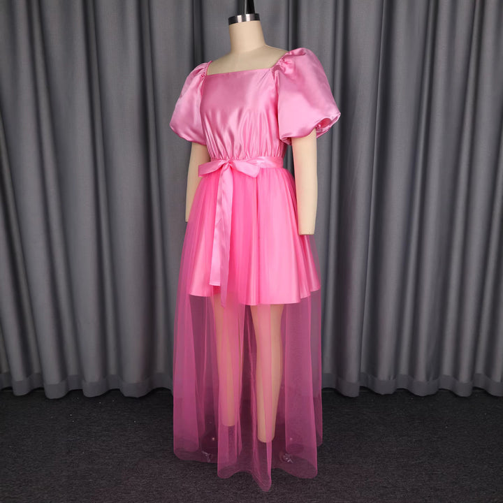 Damen Elegantes Tüllkleid mit Puffärmeln und Schleifenbindung Drune