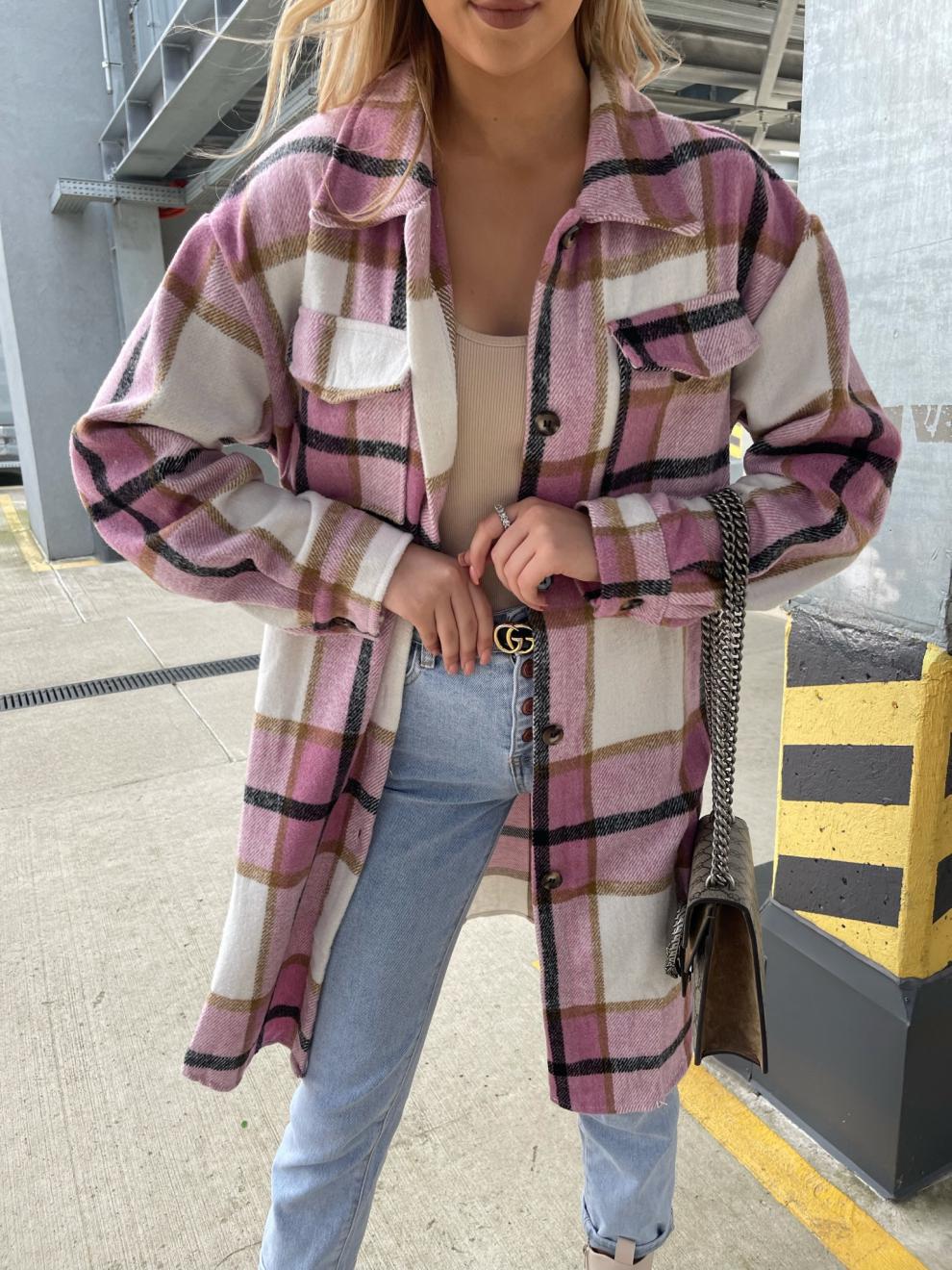 Damen Karierte Langjacke aus hochwertigem Stoff mit Knopfleiste Drune