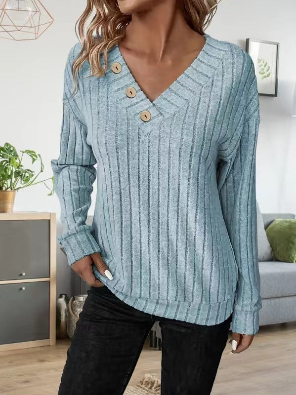 Damen lässiger V-Ausschnitt Pullover mit Knopfdetails und feinem Rippenmuster Drune