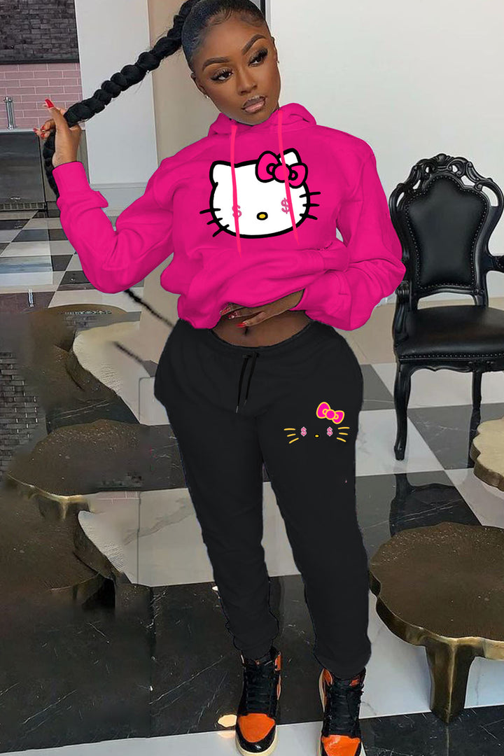Damen Kapuzenpullover und Jogginghose Set mit kreativem Hello Kitty Motiv Drune