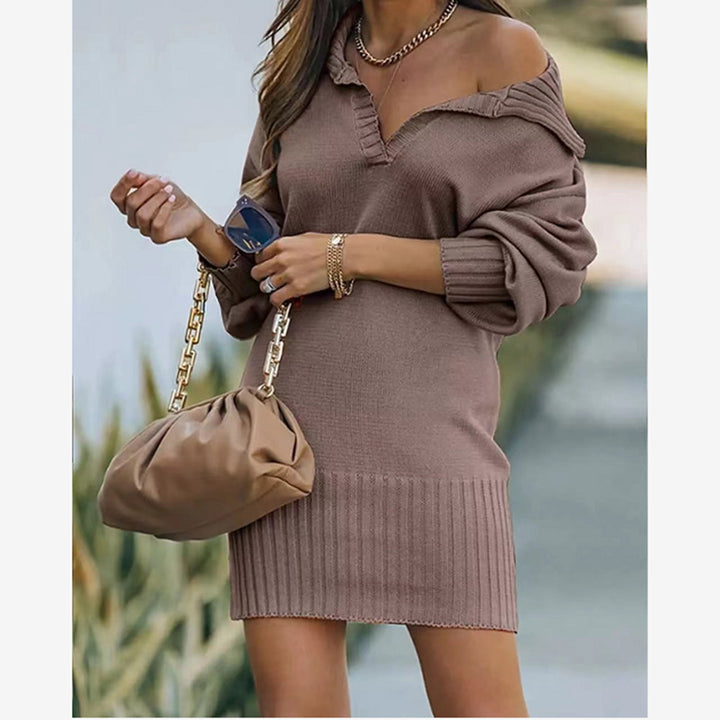 Damen nan schulterfreies Strickminikleid mit weitem V-Ausschnitt und Rippbund Drune