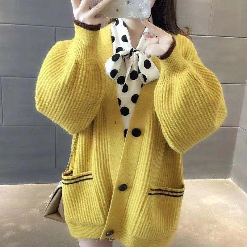 Damen Modische Strickjacke mit hohen Taschen und dekorativen Knöpfen Drune