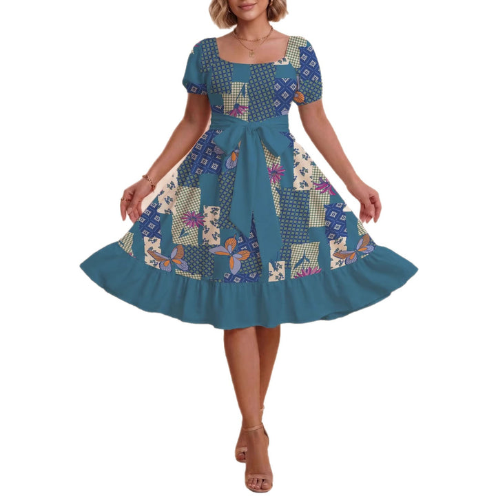 Damen Retro Maxikleid mit Puffärmeln und Taillengürtel Drune