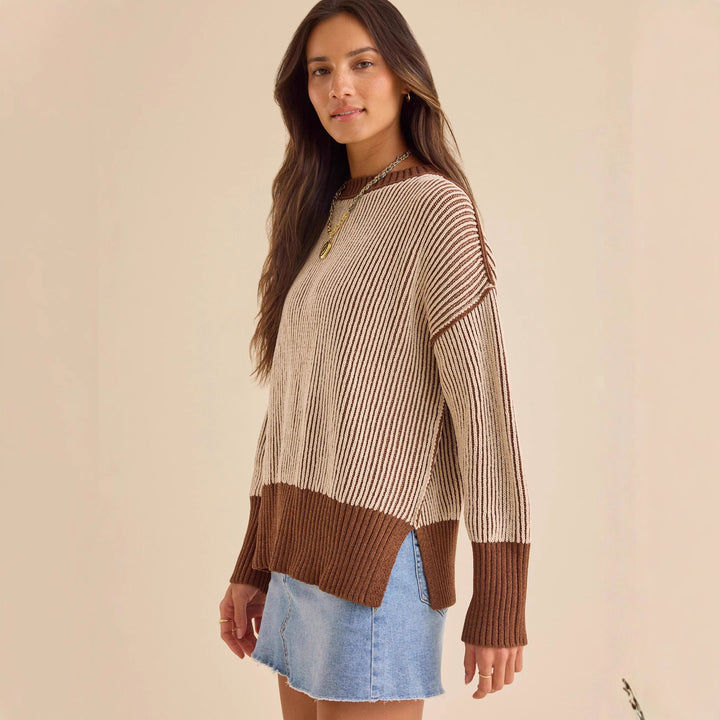 Damen lässiger Strickpullover mit modernem Rippenmuster und überschnittenen Schultern Drune