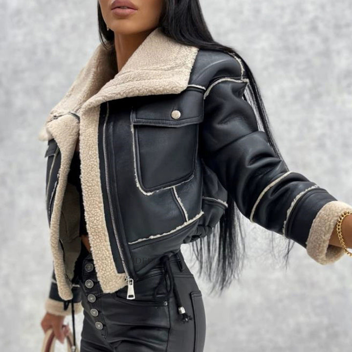 Damen Short Lederjacke mit warmem Fleece-Futter Drune