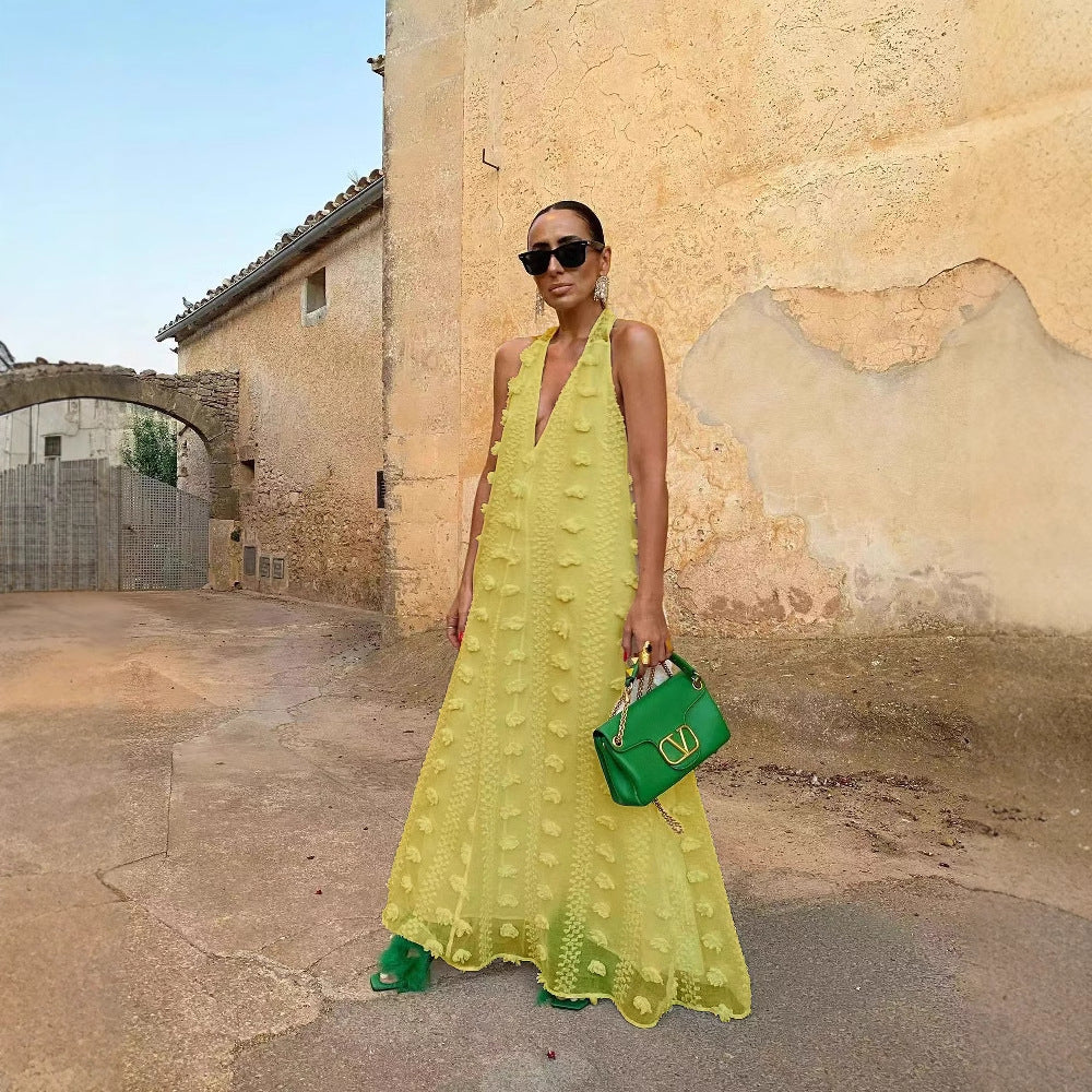 Damen Maxikleid mit voluminösem Saum und zarten Stickereien Drune