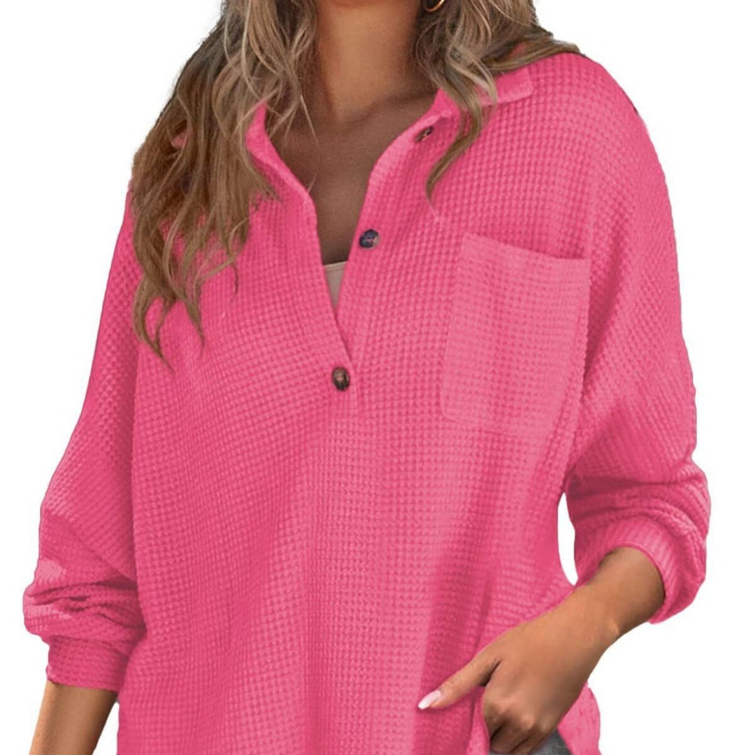 Damen lässiges Waffelshirt mit Knopfdetails und Taschen Drune