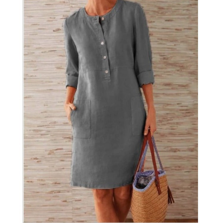 Damen Leichtes Leinenkleid mit praktischen Taschen und angesagtem Knopfdesign Drune