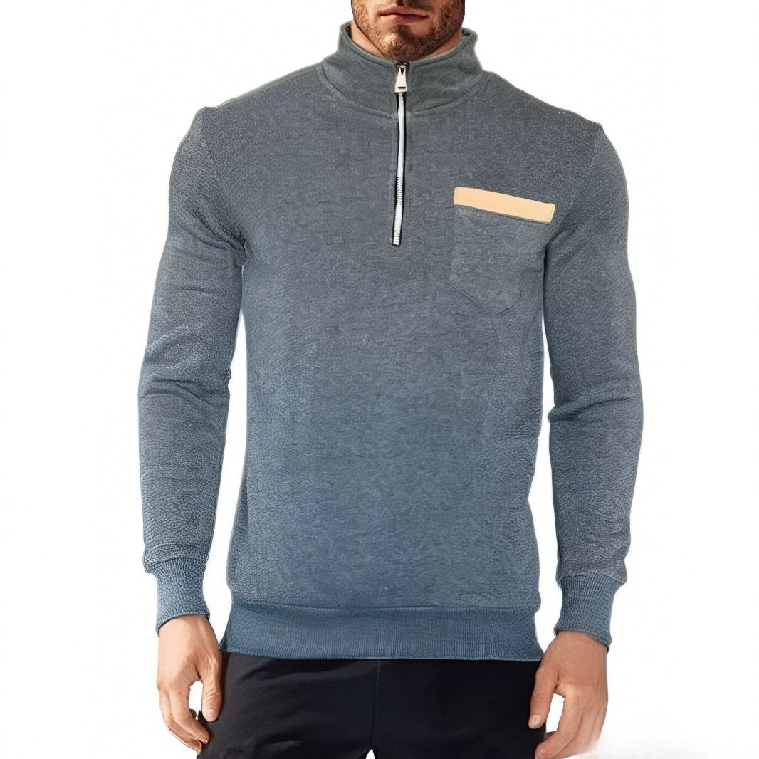 Herren nan feinstrukturiertes Halbzip-Feinstrickpullover mit Stehkragen, Brusttasche und schmaler Silhouette Drune