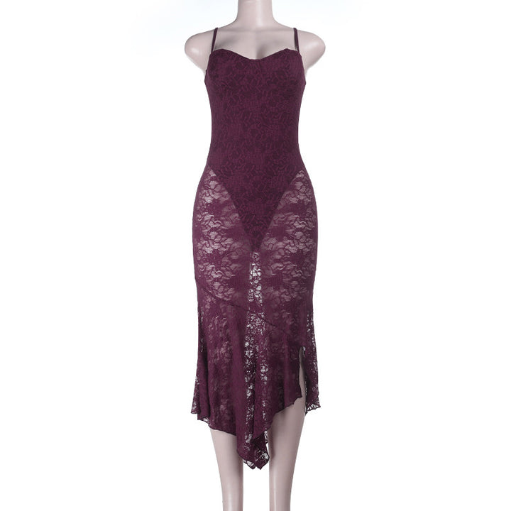Damen Spitzen-Maxikleid mit aufregendem asymmetrischen Saum Drune