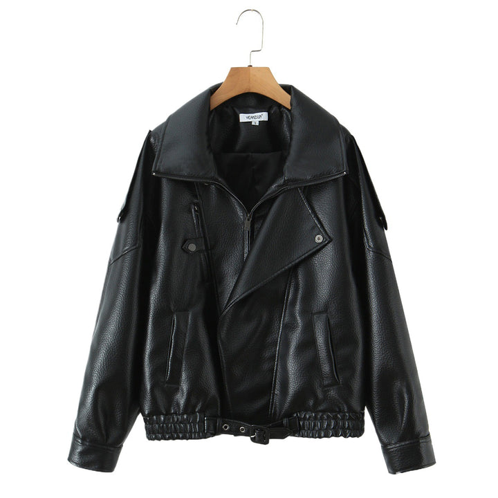 Damen Modische Kunstlederjacke mit erotischem Revers und elastischem Saum Drune