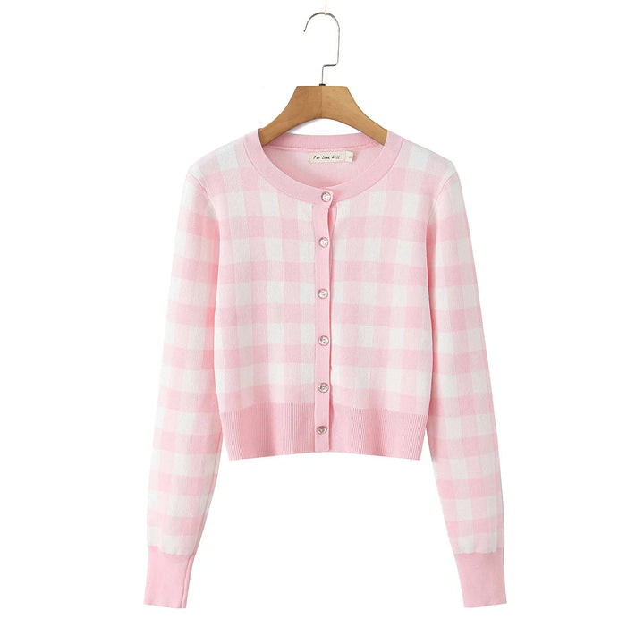 Damen modischer karierten Strickjacke mit Rundhalsausschnitt und Knopfverschluss Drune