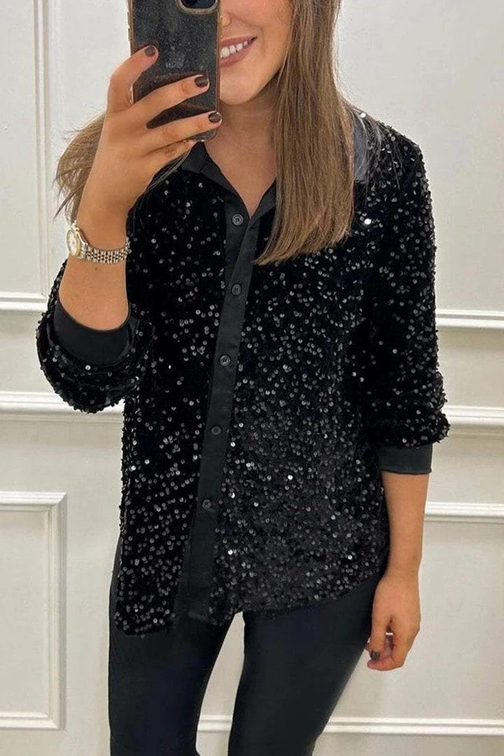 Damen Funkelnde Paillettenbluse mit klassischem Kragen Drune