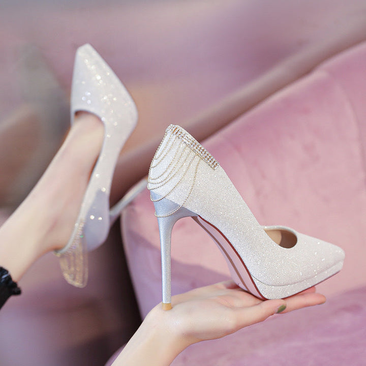 Damen nan elegante Abend-Pumps mit feinem Glitzermesh, spitzer Zehenpartie, filigranem Stilettoabsatz und dekorativer Fersenapplikation Drune