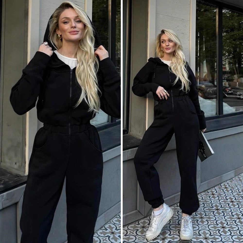 Damen Fleece-Jumpsuit mit Kapuze und praktischen Taschen Drune