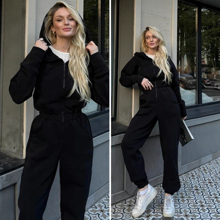 Damen Fleece-Jumpsuit mit Kapuze und praktischen Taschen Drune