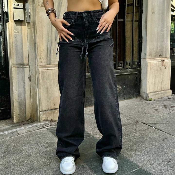 Damen Hohe Taillenjeans mit weitem Bein und Bindegürtel Drune
