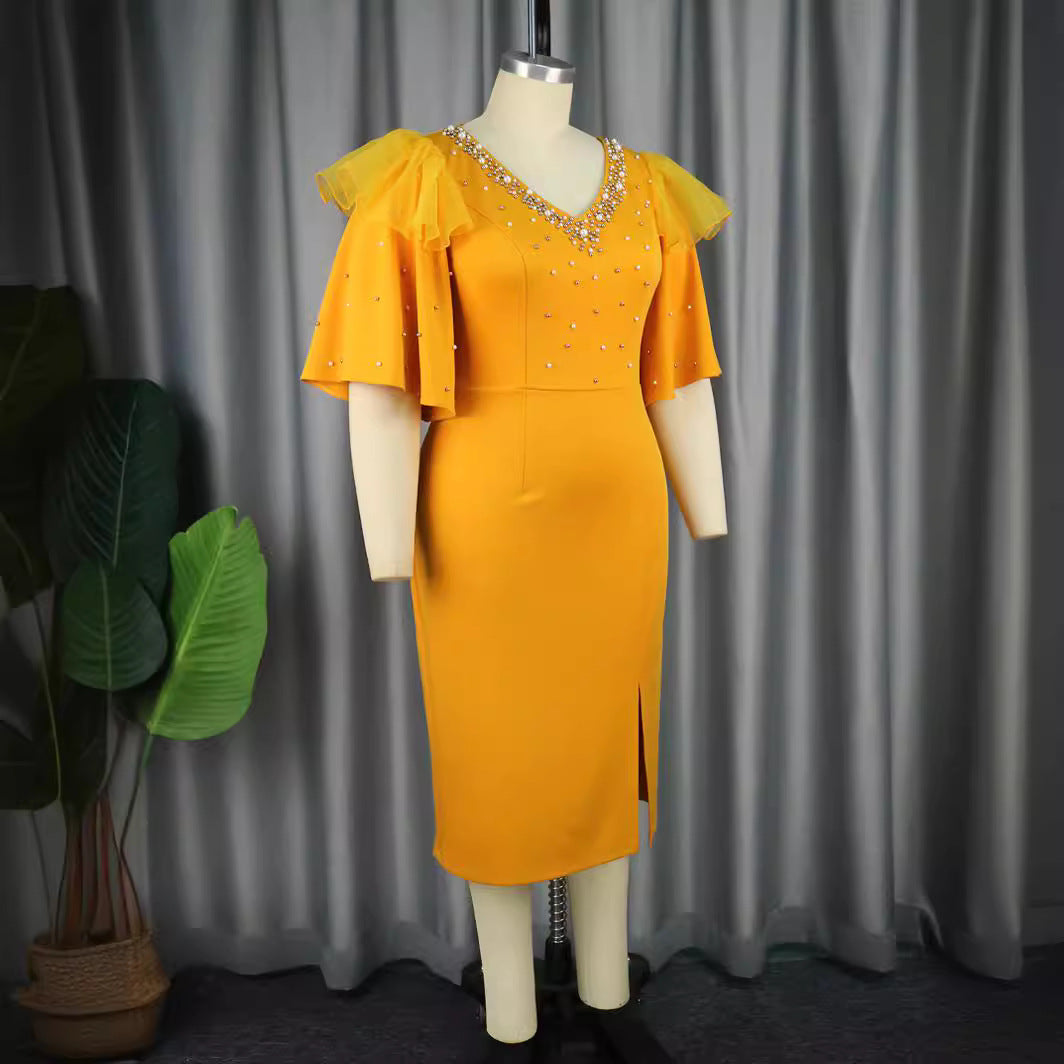 Damen elegantes Schimmerndes Midi-Kleid mit Volantrüsche und Glamourösen Akzenten Drune