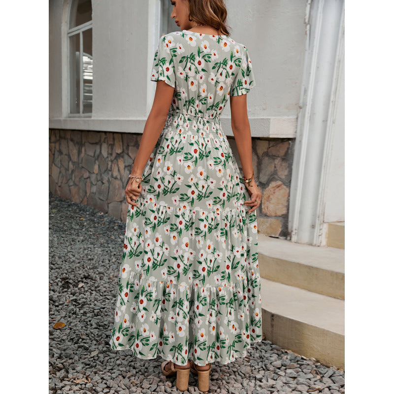Damen Maxikleid mit floralem Design und elastischem Taillenbund Drune