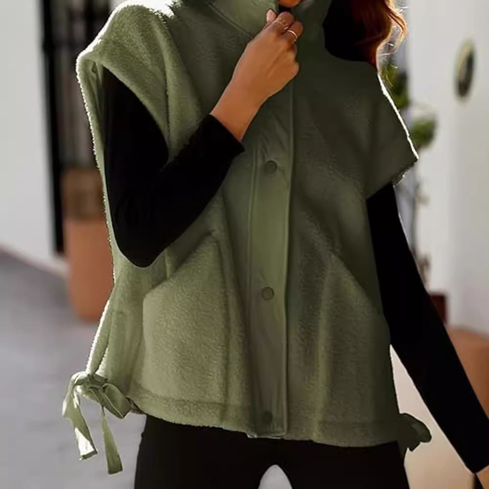 Damen Oversized Fleecewestenjacke mit seitlichen Eingrifftaschen und Druckknopfverschluss Drune