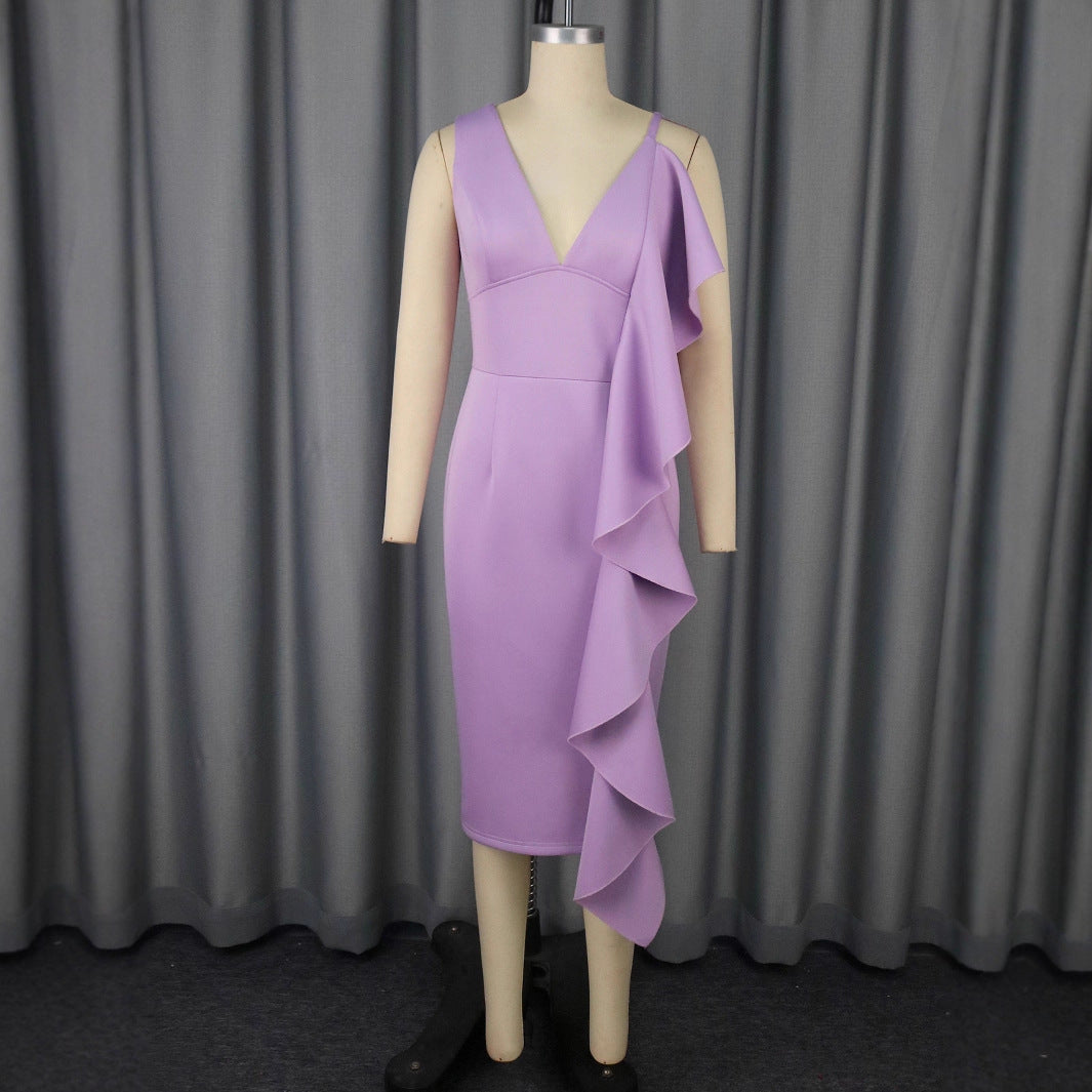 Damen figurbetontes Kleid mit asymmetrischem Rüschendesign Drune