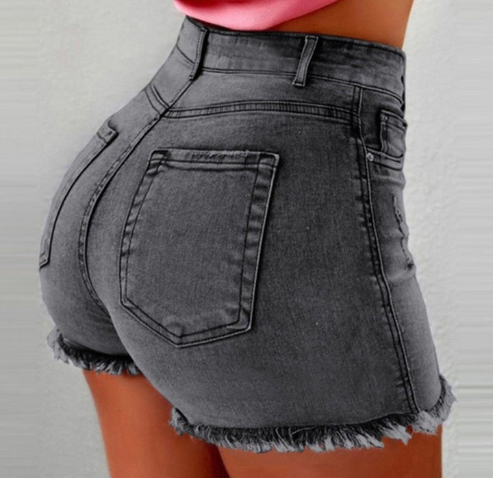 Damen hoch taillierte Denim-Shorts mit fransigem Saum Drune