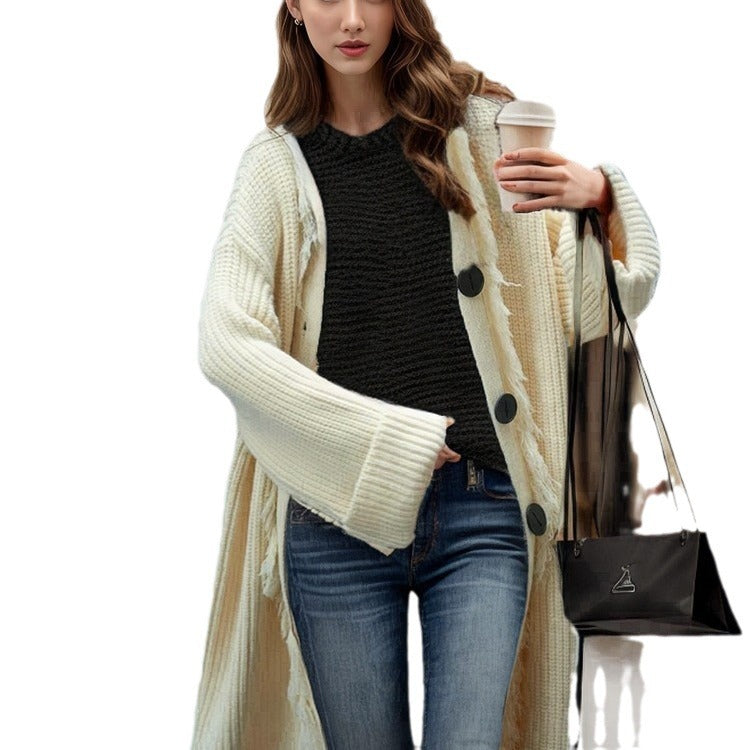 Damen Grobstrick-Cardigan mit fransigen Details und großer Knopfverzierung Drune
