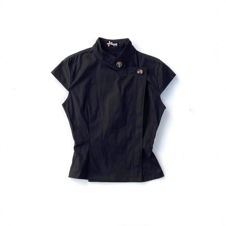 Damen Modisches Kurzarmshirt mit Stehkragen und dezenten Knopfdetails Drune