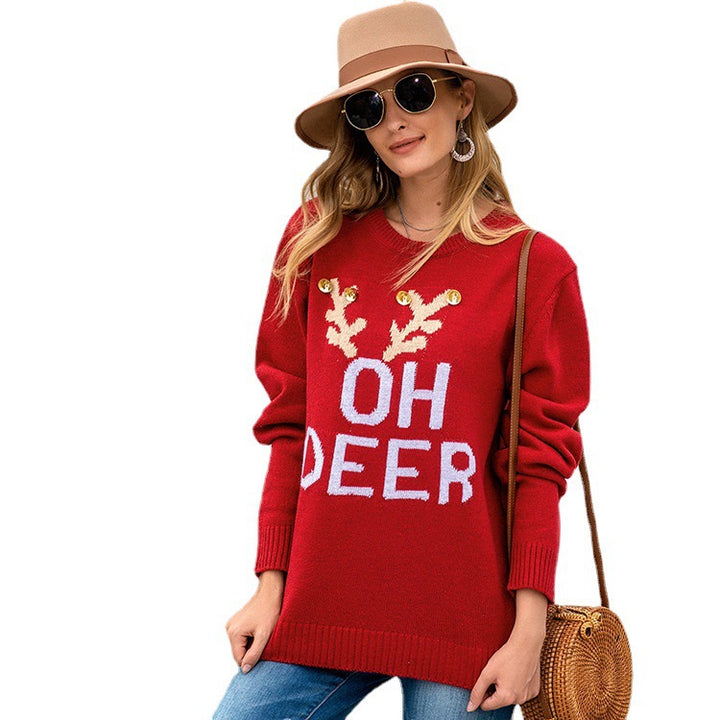 Damen Weihnachtspullover mit festlichem Rentier-Design und Knopfdetails Drune