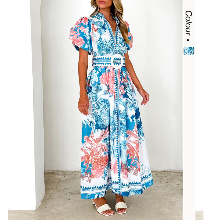 Damen Maxikleid mit hohem Kragen und eleganten Puffärmeln Drune