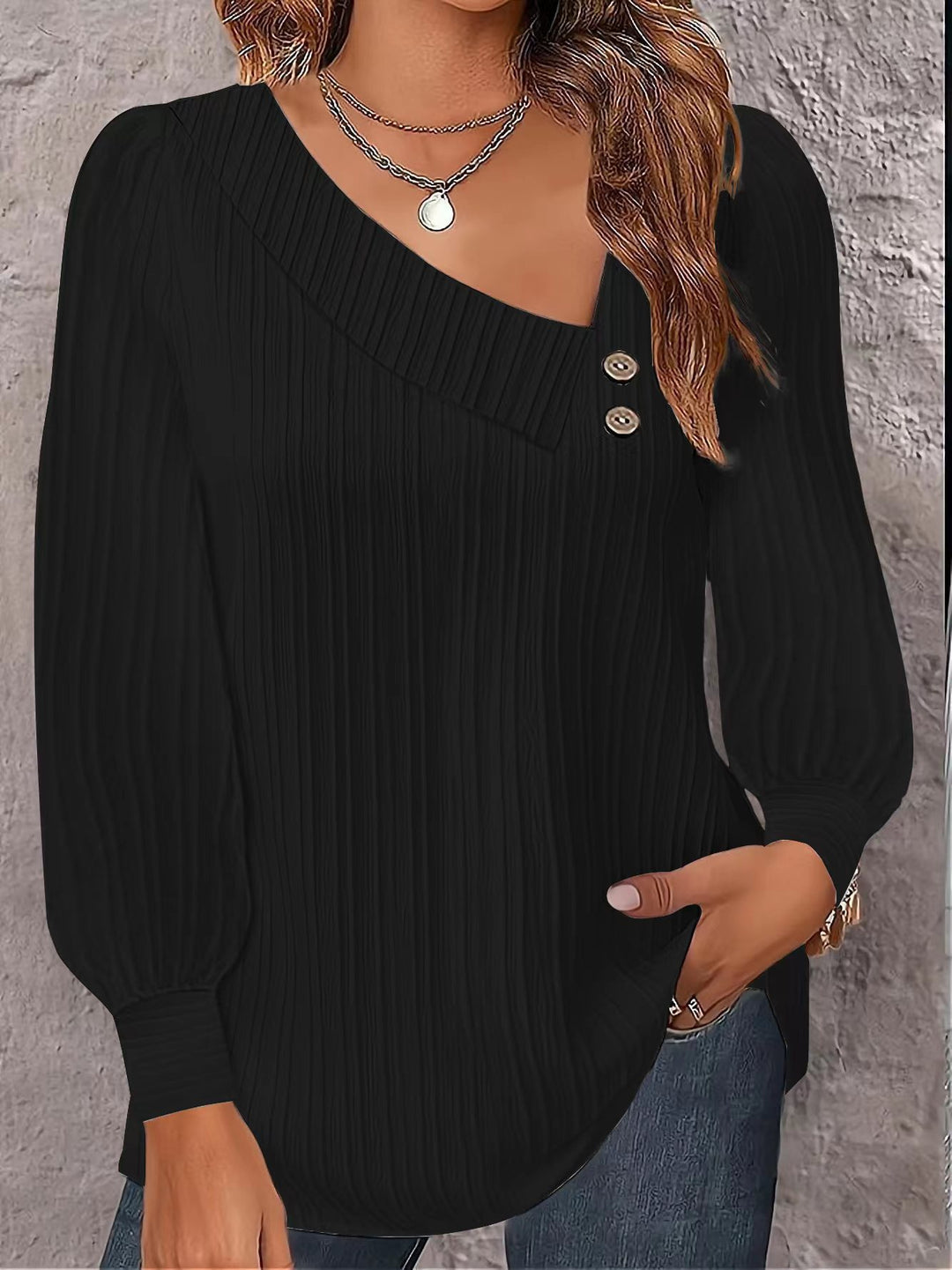 Damen stilvolles und elegantes Oberteil mit asymmetrischem Ausschnitt und Knopfleiste Drune