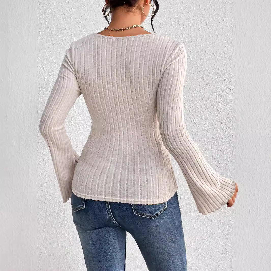 Damen Langarmshirt mit V-Ausschnitt und Rüschendetails Drune