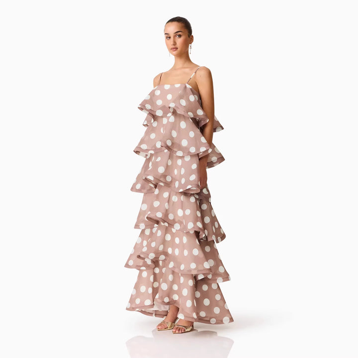 Damen Maxikleid mit verspielten Rüschen und Punkten Drune