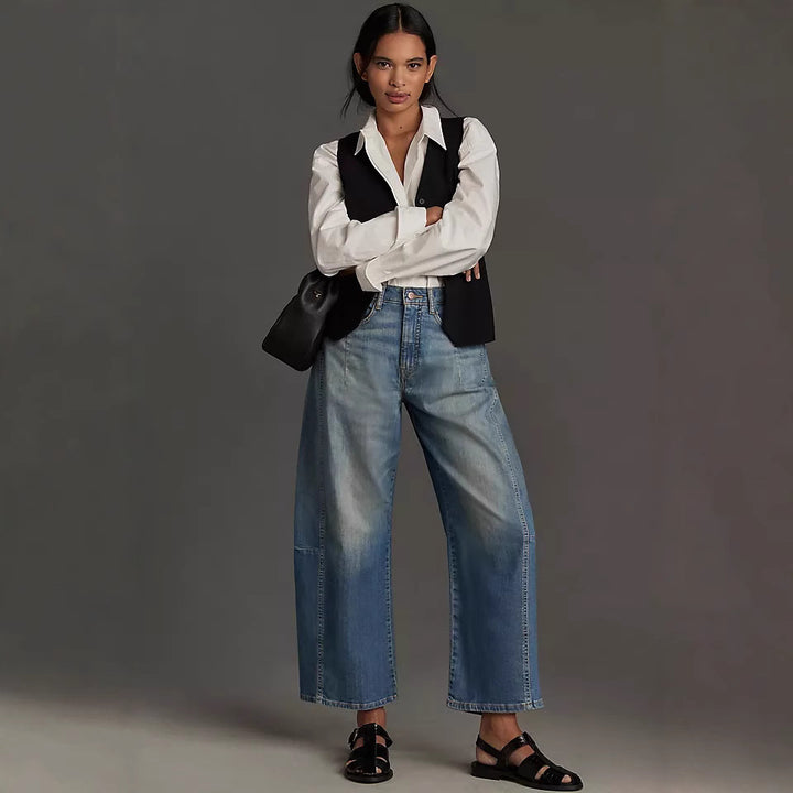 Damen nan hochgeschnittene weite Culotte-Jeans mit verkürzter Länge und dekorativen Nahtdetails Drune