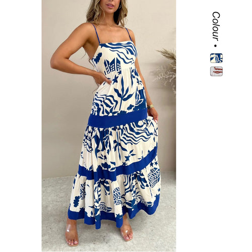 Damen Maxikleid mit elastischem Taillenbund und bohemian Muster Drune