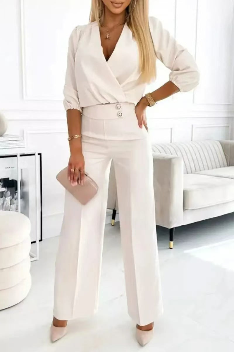 Damen eleganter Jumpsuit mit Wickeloberteil und hochtaillierten Beinen Drune