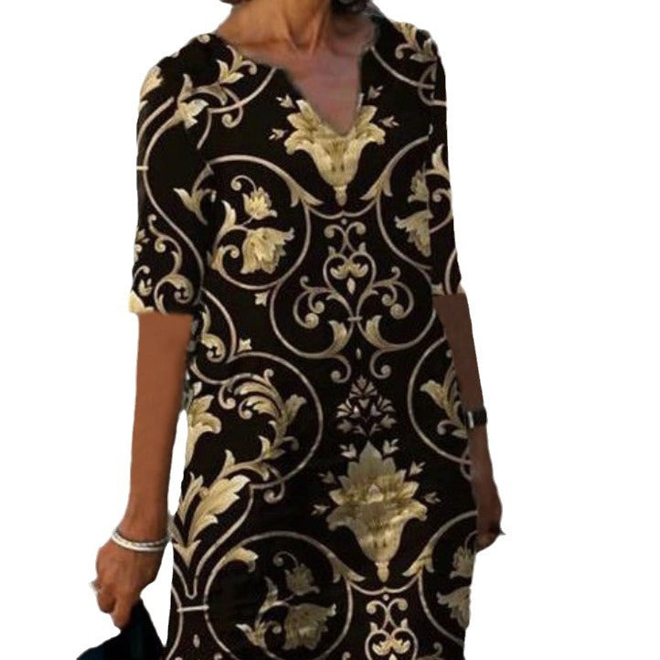 Damen luxuriöses V-Ausschnitt Kleid mit floralem Design und kurzem Ärmel Drune