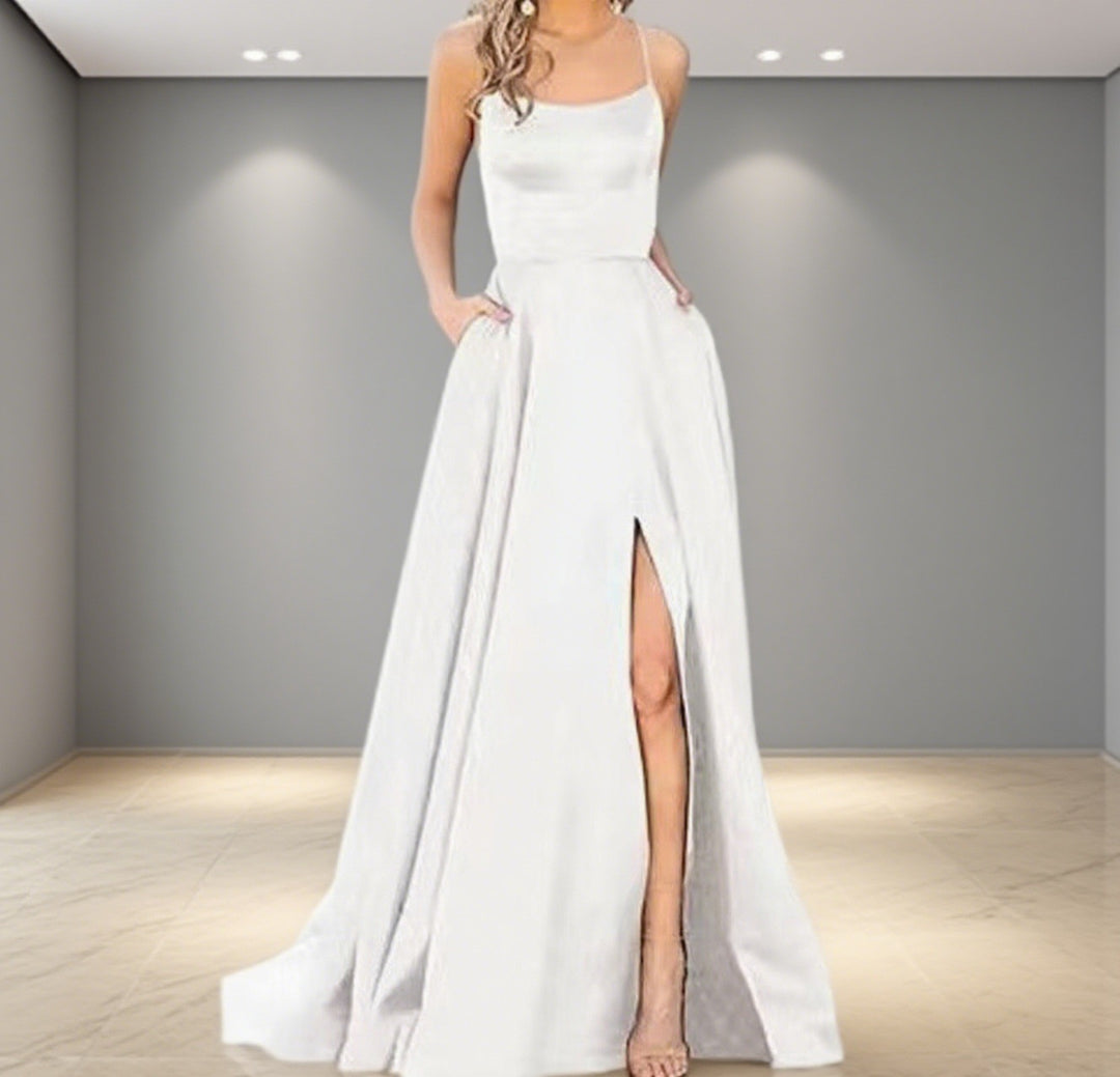 Damen Elegantes Abendkleid mit seitlichem Schlitz und schmalen Spaghetti-Trägern Drune